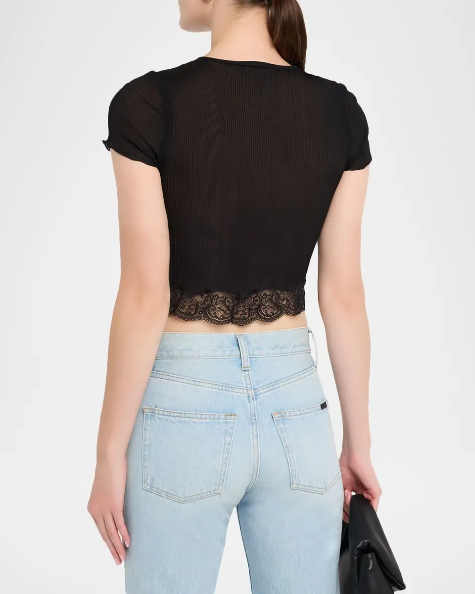Saint Laurent Lace-Trim Short-Sleeve Crop T-Shirt | Thumbnail 3