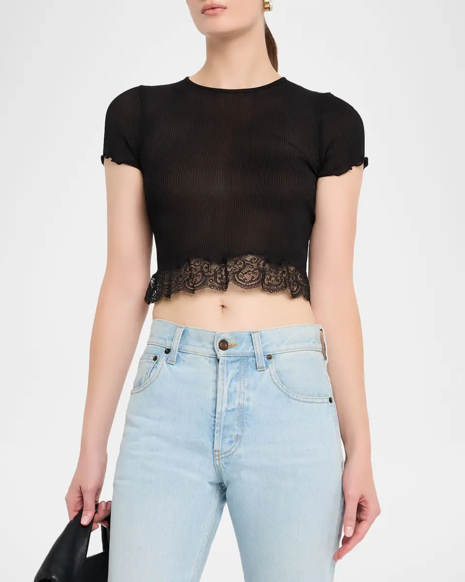 Saint Laurent Lace-Trim Short-Sleeve Crop T-Shirt | Thumbnail 4