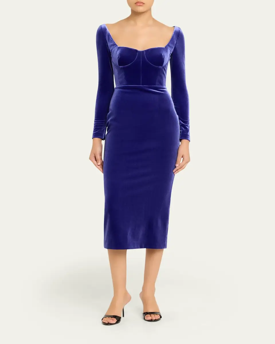 Alex Perry Cupped Long-Sleeve Velvet Midi Dress | Thumbnail 2 Alex Perry Cupped Long-Sleeve Velvet Midi Dress | Thumbnail 2