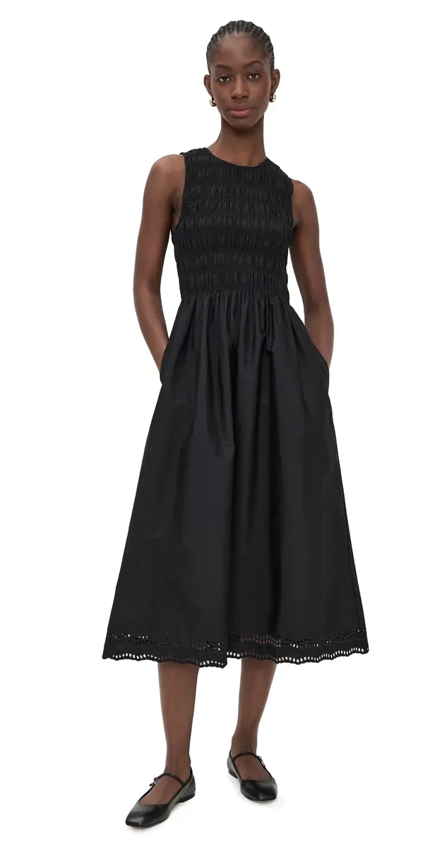 Madewell The Embroidered Melody Smocked Midi Dress Jet Black | Image 1 Madewell The Embroidered Melody Smocked Midi Dress Jet Black | Image 1