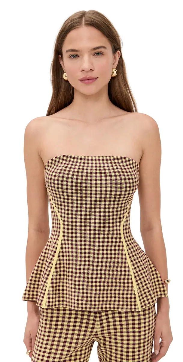 LE BOP Gingham Strapless Peplum Top