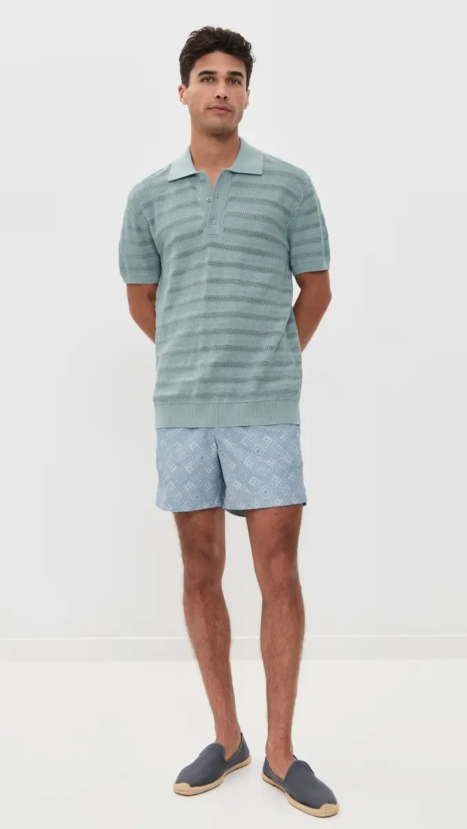 Frescobol Carioca Vidal Cotton Jacquard Wave Short Sleeve Buttoned Polo Coastal Blue | Thumbnail 5 Frescobol Carioca Vidal Cotton Jacquard Wave Short Sleeve Buttoned Polo Coastal Blue | Thumbnail 5