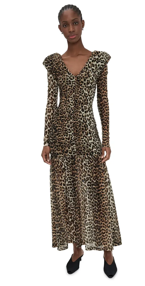 GANNI Printed Mesh Long Ruched Dress Big Leopard Almond Milk | Image 1 GANNI Printed Mesh Long Ruched Dress Big Leopard Almond Milk | Image 1