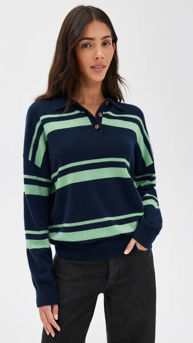 Renggli Cashmere Striped Polo Midnight/Jade | Thumbnail 2 Renggli Cashmere Striped Polo Midnight/Jade | Thumbnail 2