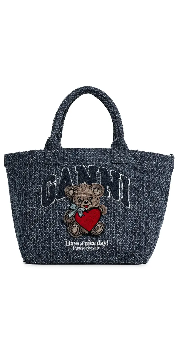GANNI Small Trapeze Shopper Bear Tweed Denim Tote Rinse One Size | Image 1 GANNI Small Trapeze Shopper Bear Tweed Denim Tote Rinse One Size | Image 1