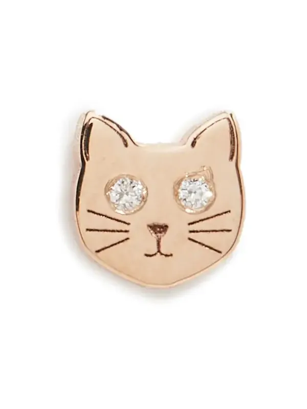 14k Gold Single Itty Bitty Cat with Diamond Eyes Stud Earring 14k Gold Single Itty Bitty Cat with Diamond Eyes Stud Earring