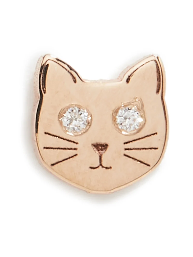 14k Gold Single Itty Bitty Cat with Diamond Eyes Stud Earring
