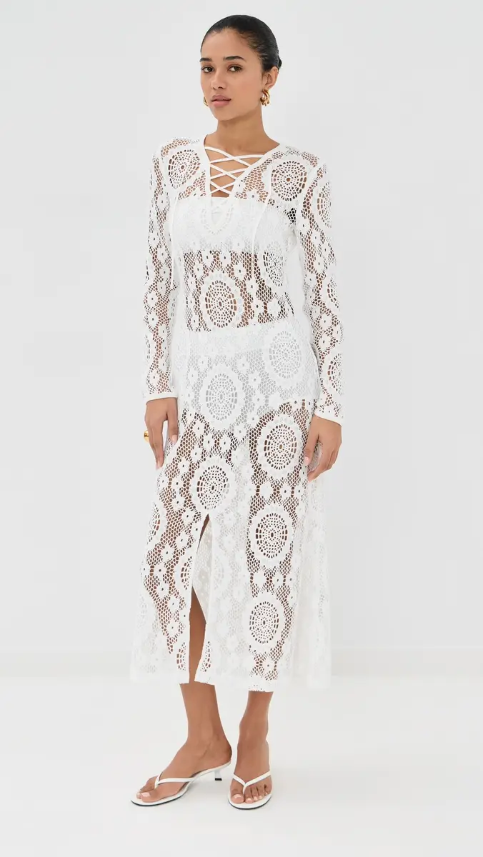 SIMKHAI Hawthorne ong Sleeve Lace Up Midi Dress White | Thumbnail 2