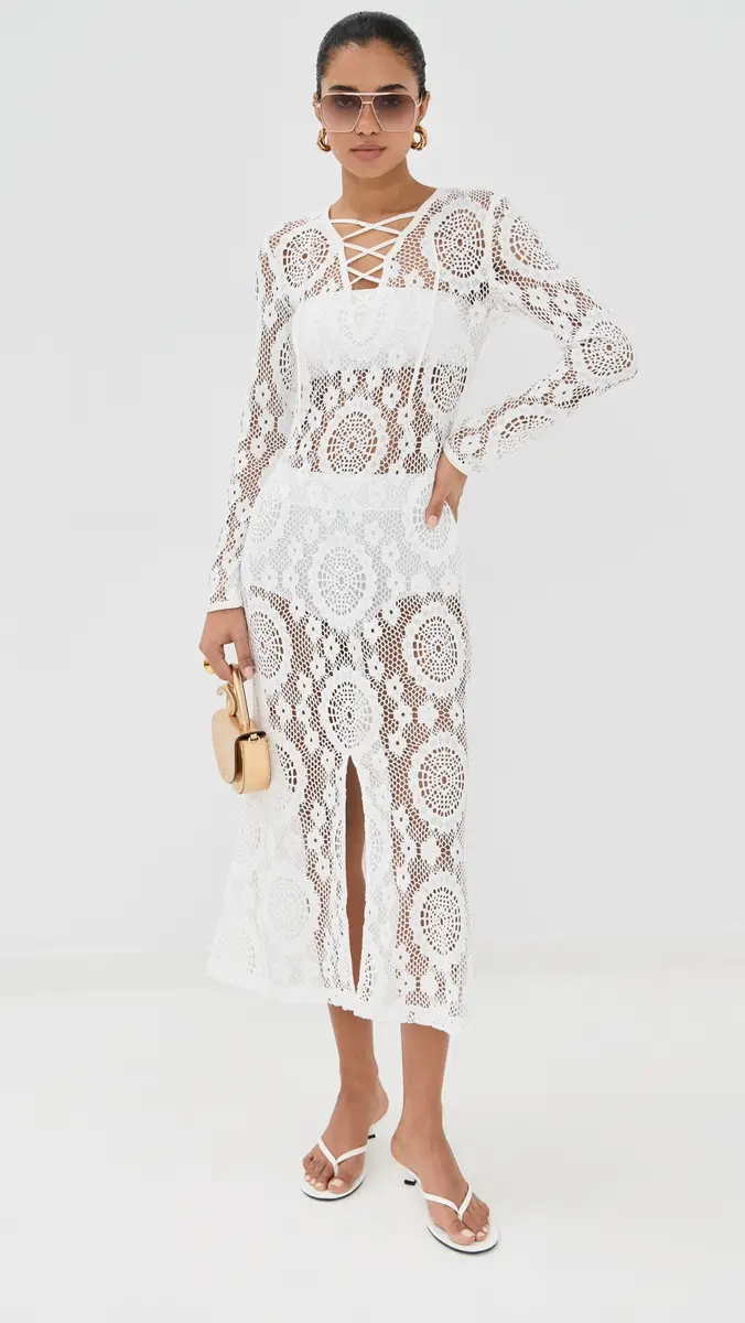 SIMKHAI Hawthorne ong Sleeve Lace Up Midi Dress White | Thumbnail 5