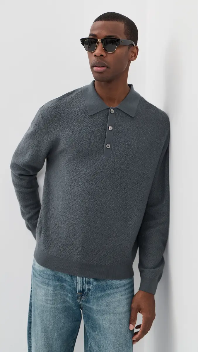 FRAME Long Sleeve Polo Sweater Blue Grey | Thumbnail 2 FRAME Long Sleeve Polo Sweater Blue Grey | Thumbnail 2