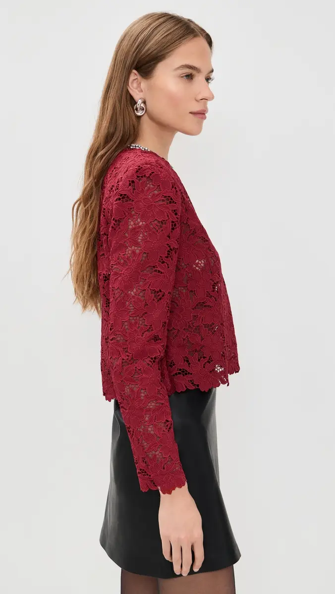 Self-Portrait Burgundy Lace Crystal Trim Top Burgundy | Thumbnail 4 Self-Portrait Burgundy Lace Crystal Trim Top Burgundy | Thumbnail 4