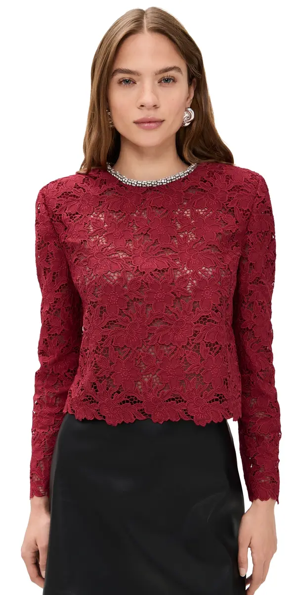 Burgundy Lace Crystal Trim Top Burgundy
