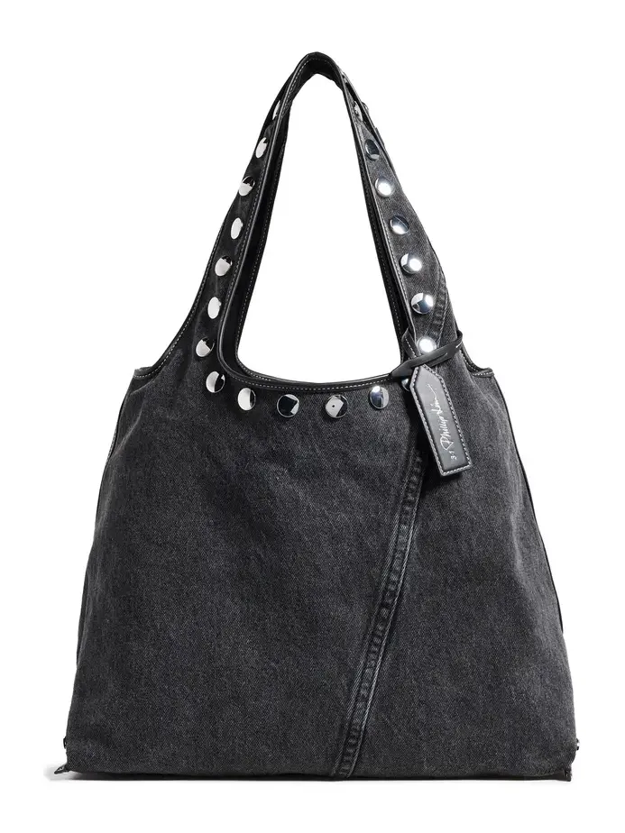 Washed Denim Market Tote With Studs Washed Blk Washed Denim Market Tote With Studs Washed Blk