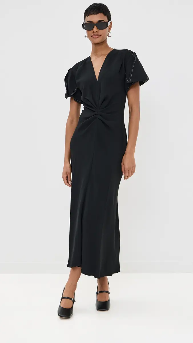 Victoria Beckham Gathered V Neck Midi Dress Black | Thumbnail 2 Victoria Beckham Gathered V Neck Midi Dress Black | Thumbnail 2