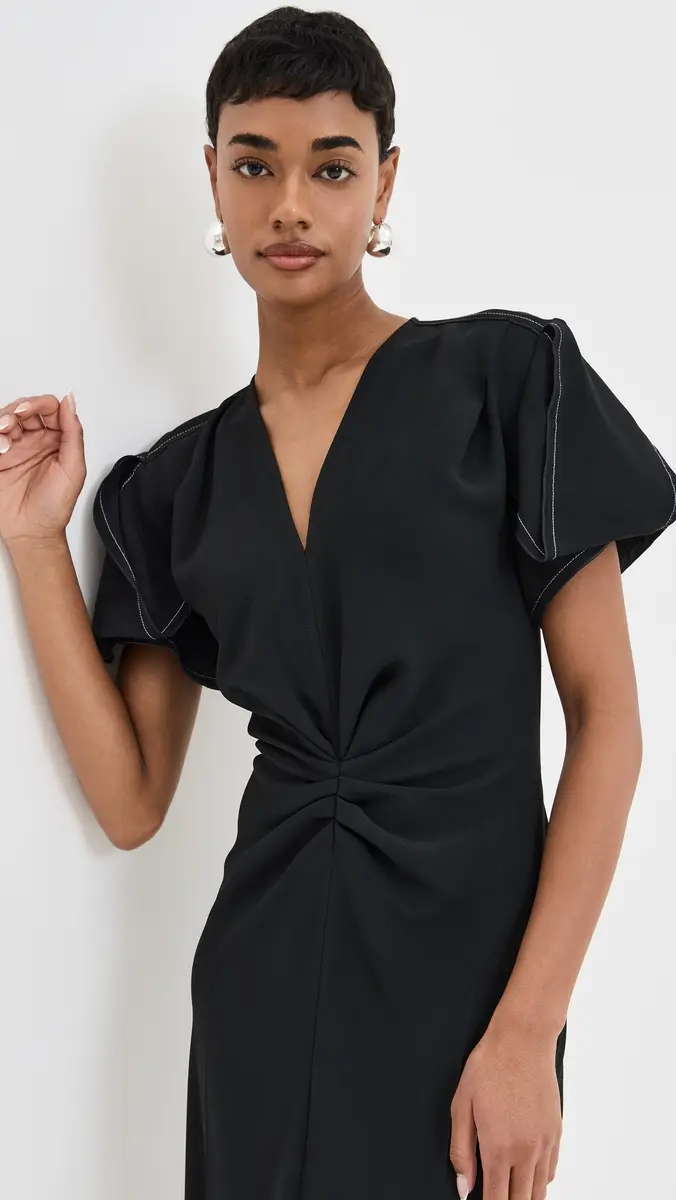 Victoria Beckham Gathered V Neck Midi Dress Black | Thumbnail 3 Victoria Beckham Gathered V Neck Midi Dress Black | Thumbnail 3