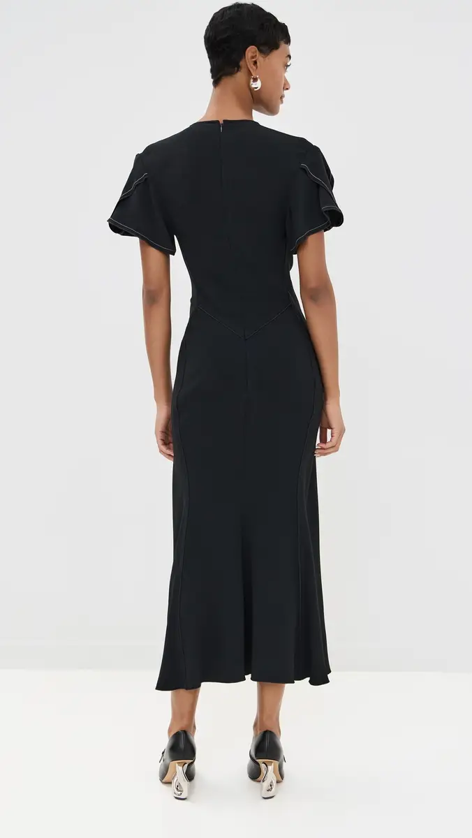 Victoria Beckham Gathered V Neck Midi Dress Black | Thumbnail 4 Victoria Beckham Gathered V Neck Midi Dress Black | Thumbnail 4