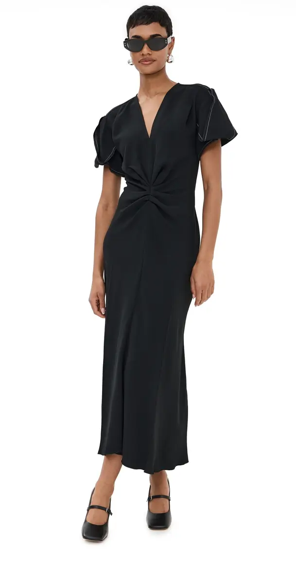 Gathered V Neck Midi Dress Black Gathered V Neck Midi Dress Black