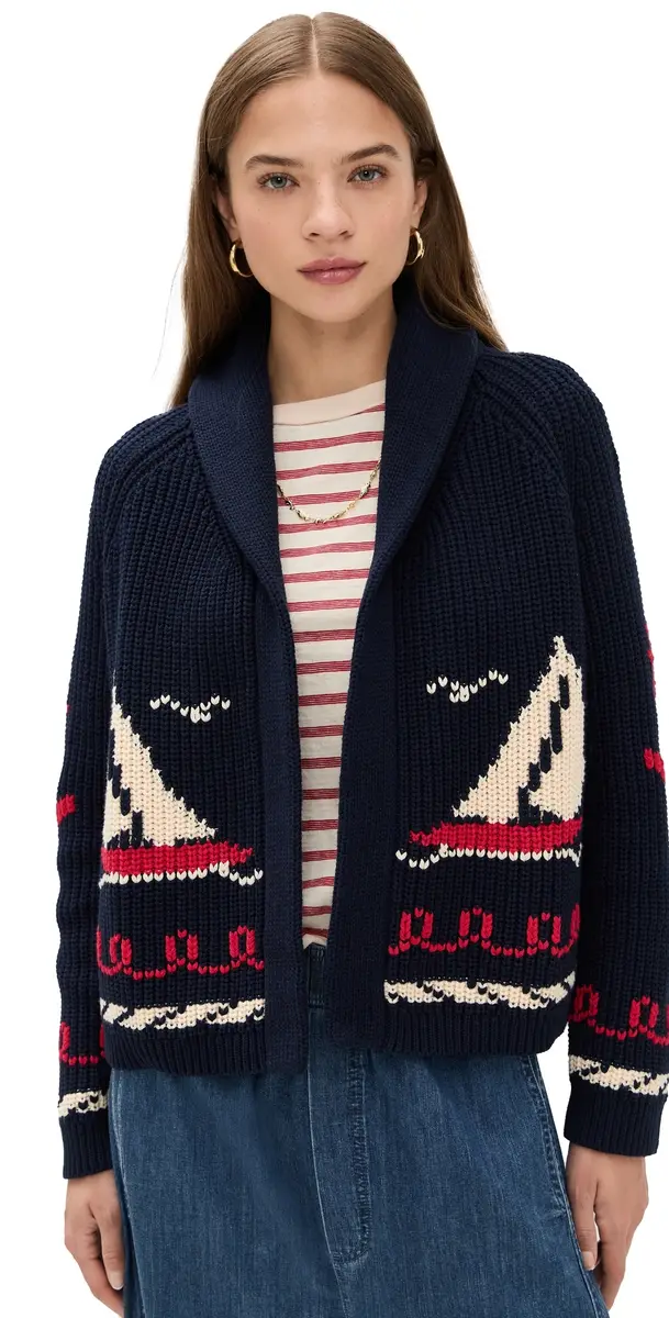 THE GREAT. The Sailboat Lodge Cardigan Dark Navy | Image 1 THE GREAT. The Sailboat Lodge Cardigan Dark Navy | Image 1