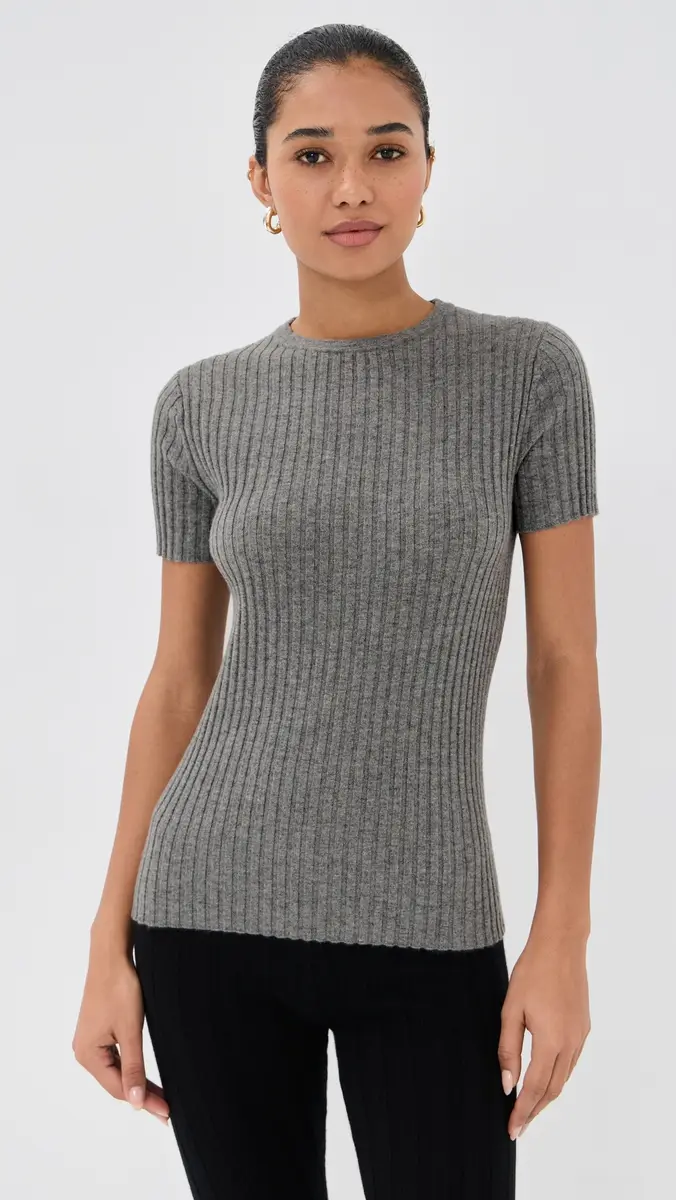 The Elder Statesman Cashmere Rib Knit Tee Heather Grey | Thumbnail 2 The Elder Statesman Cashmere Rib Knit Tee Heather Grey | Thumbnail 2