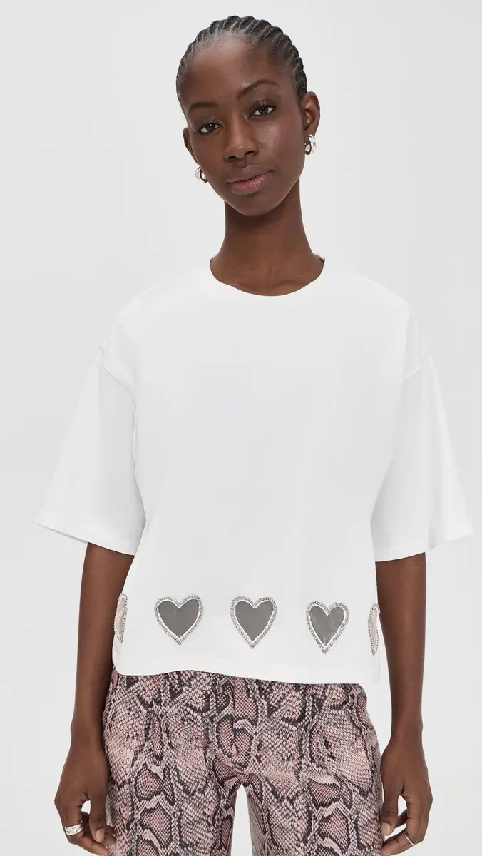 ALICE + OLIVIA Oversized Cropped Crystal Heart Tee Off White | Thumbnail 2 ALICE + OLIVIA Oversized Cropped Crystal Heart Tee Off White | Thumbnail 2