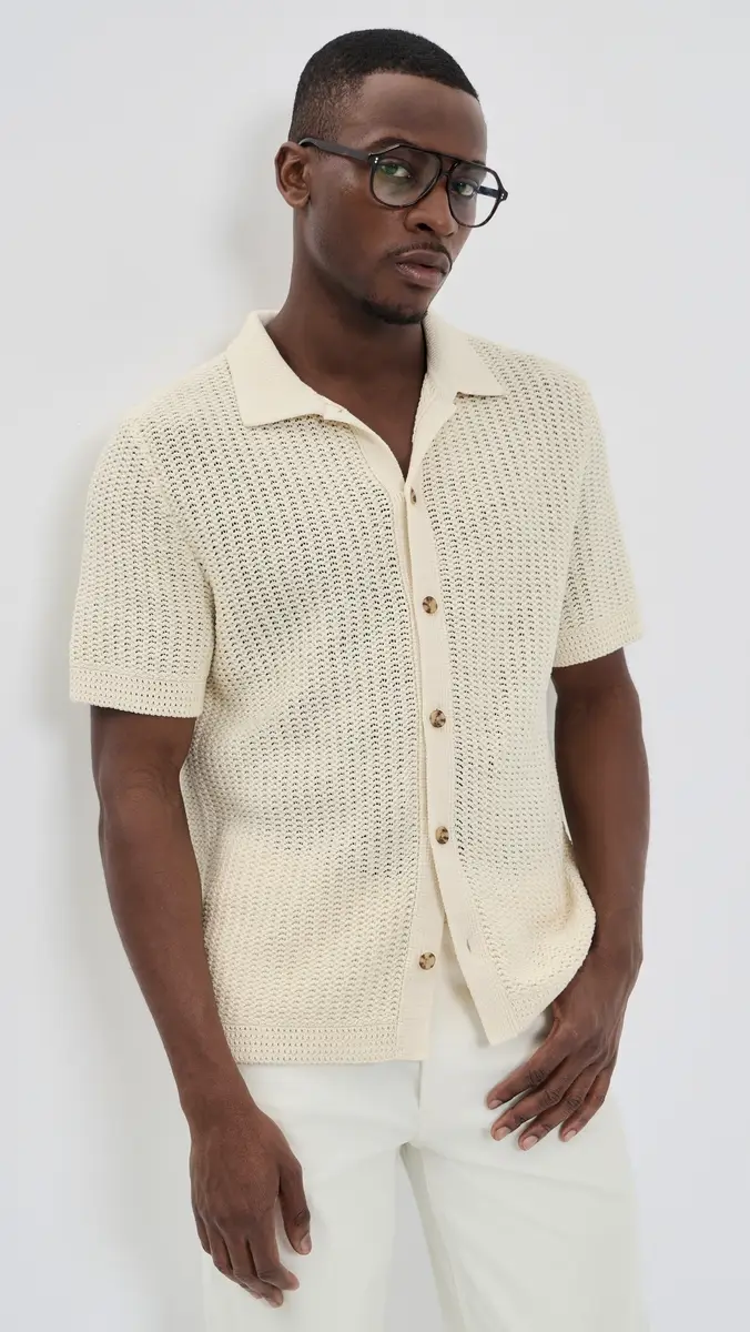 Vince Crochet Short Sleeve Button Down Shirt Bone | Thumbnail 2 Vince Crochet Short Sleeve Button Down Shirt Bone | Thumbnail 2