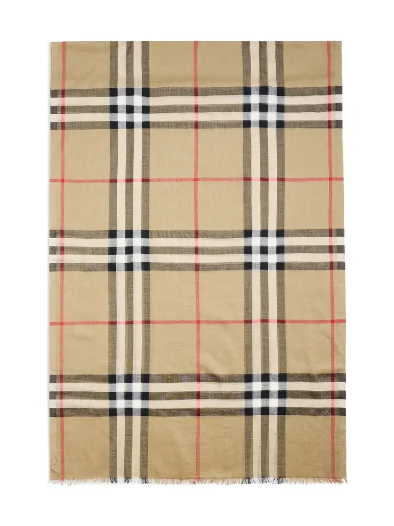 Wide Check Wool Silk Gauze Scarf