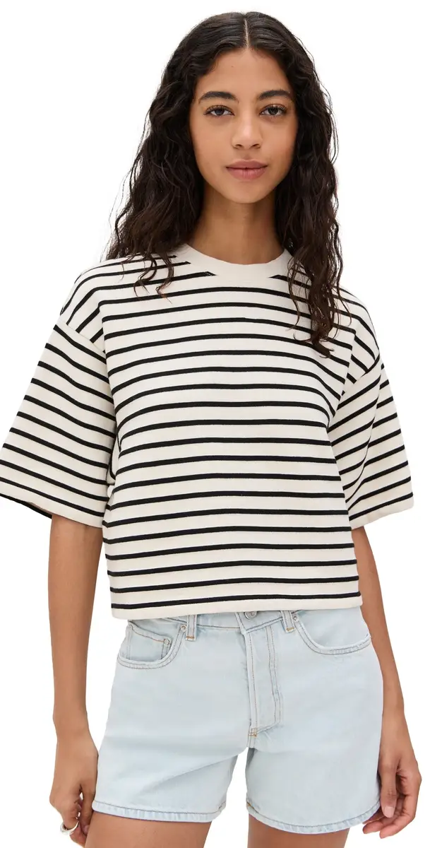 ANINE BING Myers Cropped Tee Black Stripe French Terry | Image 1 ANINE BING Myers Cropped Tee Black Stripe French Terry | Image 1