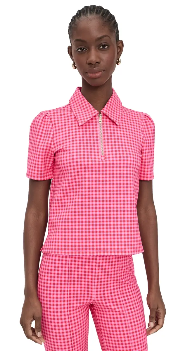 Addison Bay Ponte Virginian Polo Top Rose Check | Image 1 Addison Bay Ponte Virginian Polo Top Rose Check | Image 1