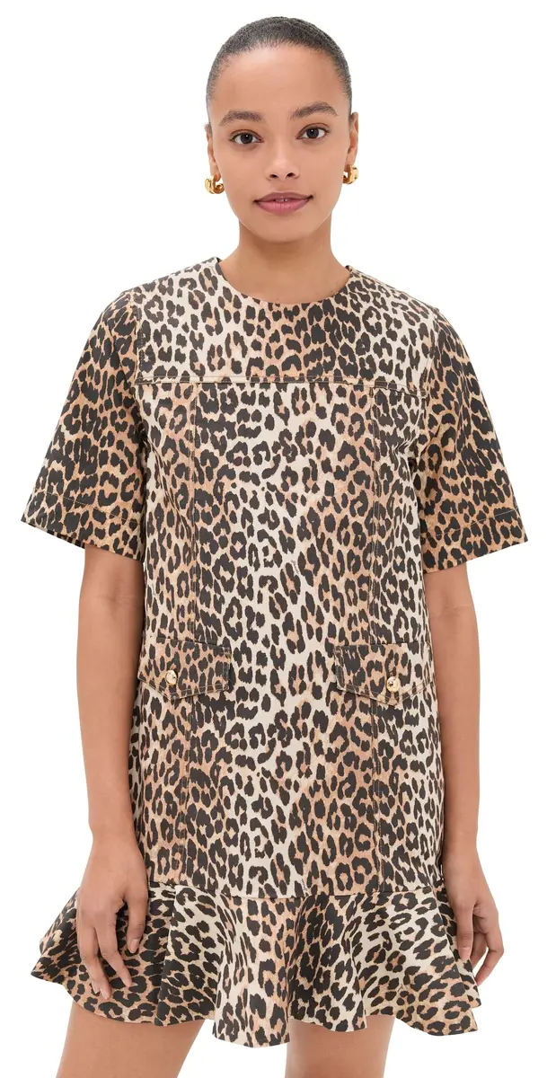 GANNI Printed Stretch Cotton Mini Dress with Frill Almond Milk | Image 1 GANNI Printed Stretch Cotton Mini Dress with Frill Almond Milk | Image 1