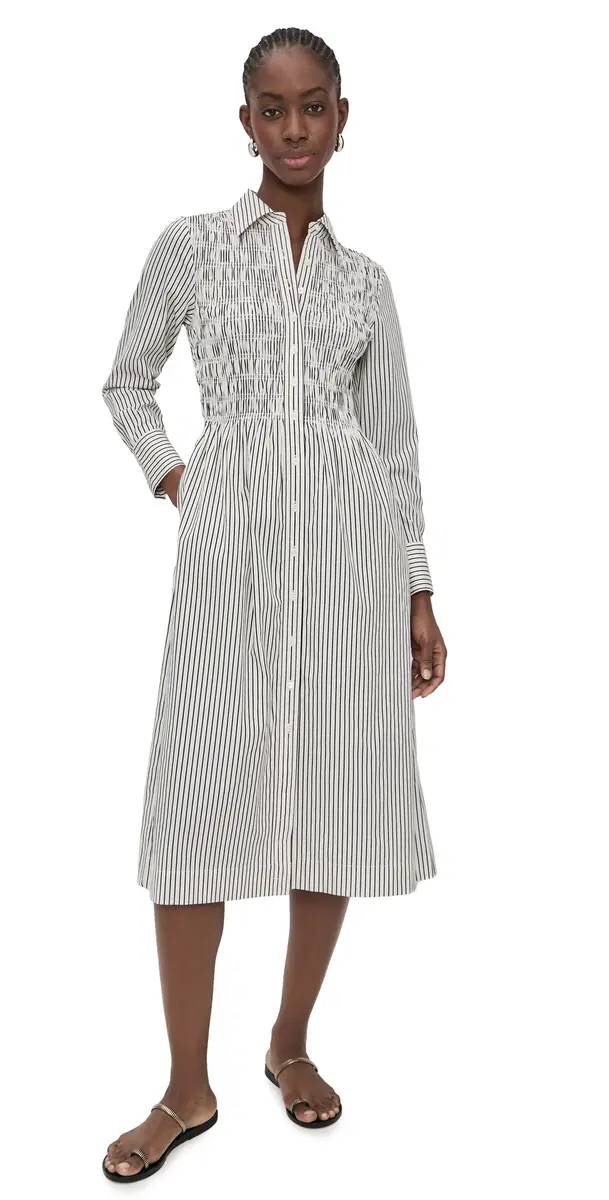 Madewell Smocked Midi Shirt Dress White Black Stripe | Image 1 Madewell Smocked Midi Shirt Dress White Black Stripe | Image 1