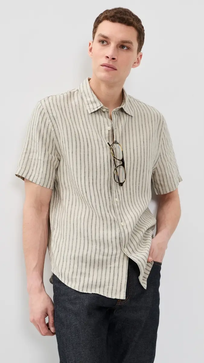 Vince Ballston Stripe Short Sleeve Hemp Shirt Parchment/Coastal Stripe | Thumbnail 2 Vince Ballston Stripe Short Sleeve Hemp Shirt Parchment/Coastal Stripe | Thumbnail 2