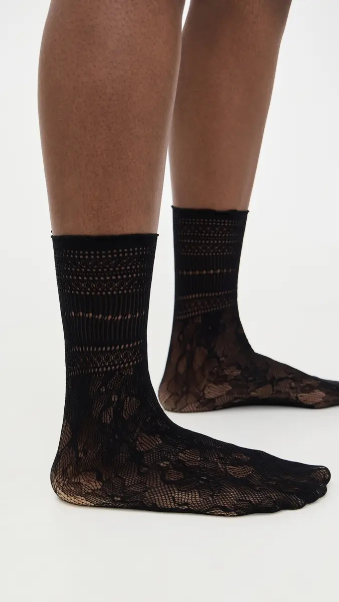 Stems Peony Lace Crew Socks Black One Size | Thumbnail 2