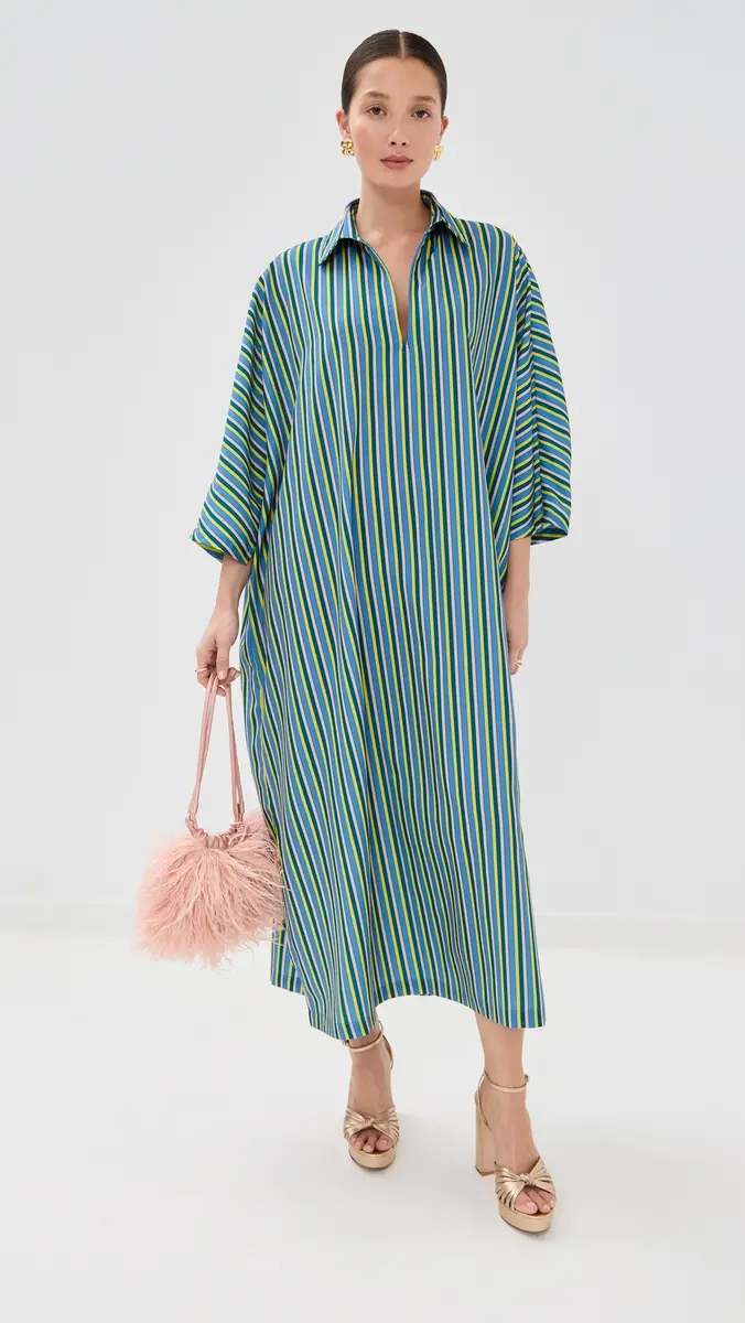 La Vie Style House Stripe Maxi Everyday Dress Blue/Neon Yellow One Size | Thumbnail 5