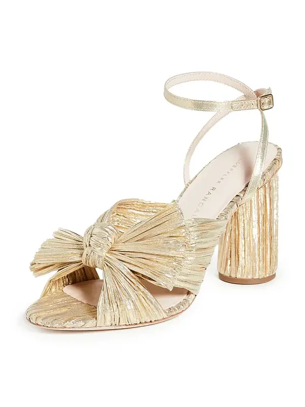 Camellia Gold Pleated Bow Heel with Ankle Strap Gold