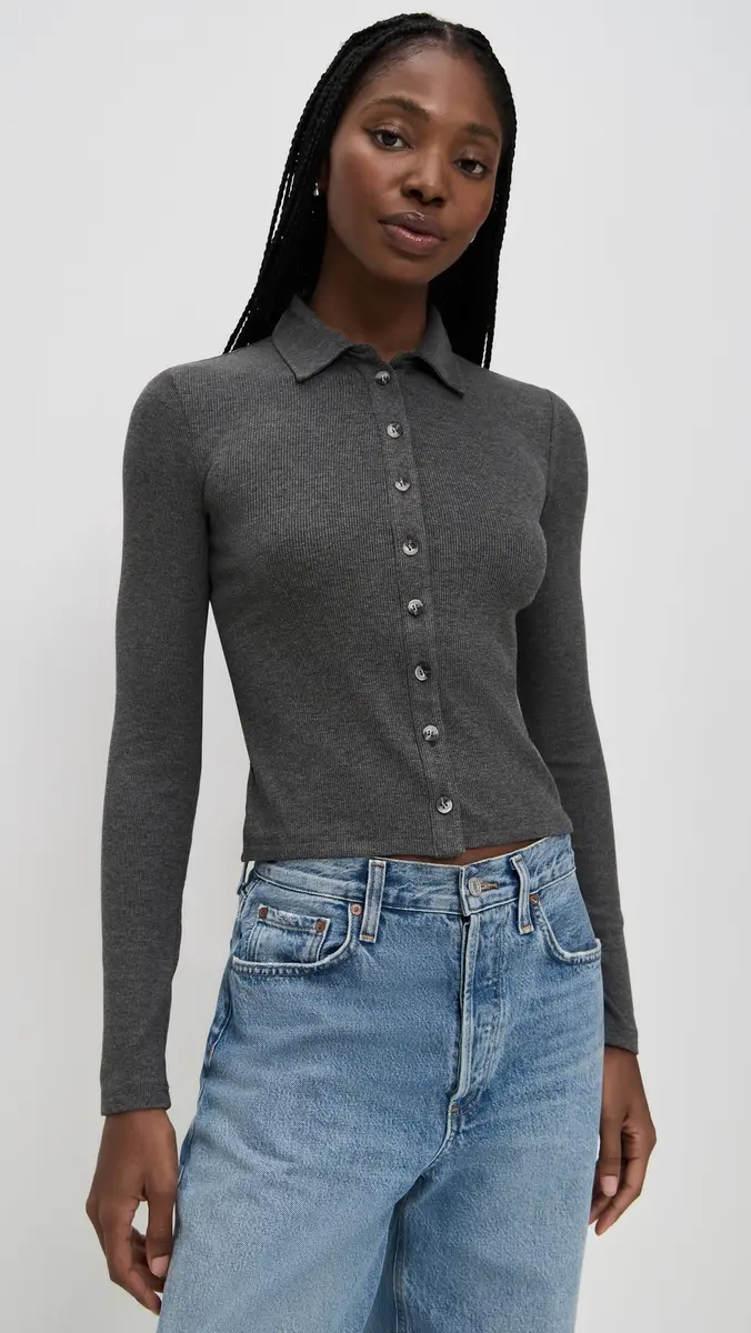 perfectwhitetee Luxe Rib Long Sleeve Button Polo | Thumbnail 2