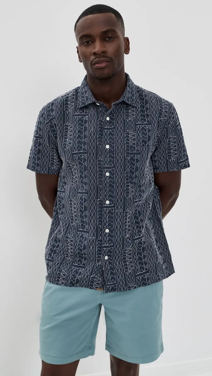 Billy Reid Short Sleeve Geo Stitch Shirt Carbon Blue | Thumbnail 2