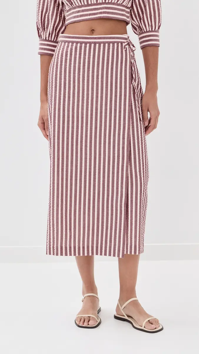 SIMKHAI Monty Wrap Midi Skirt Oxblood Stripe | Thumbnail 2