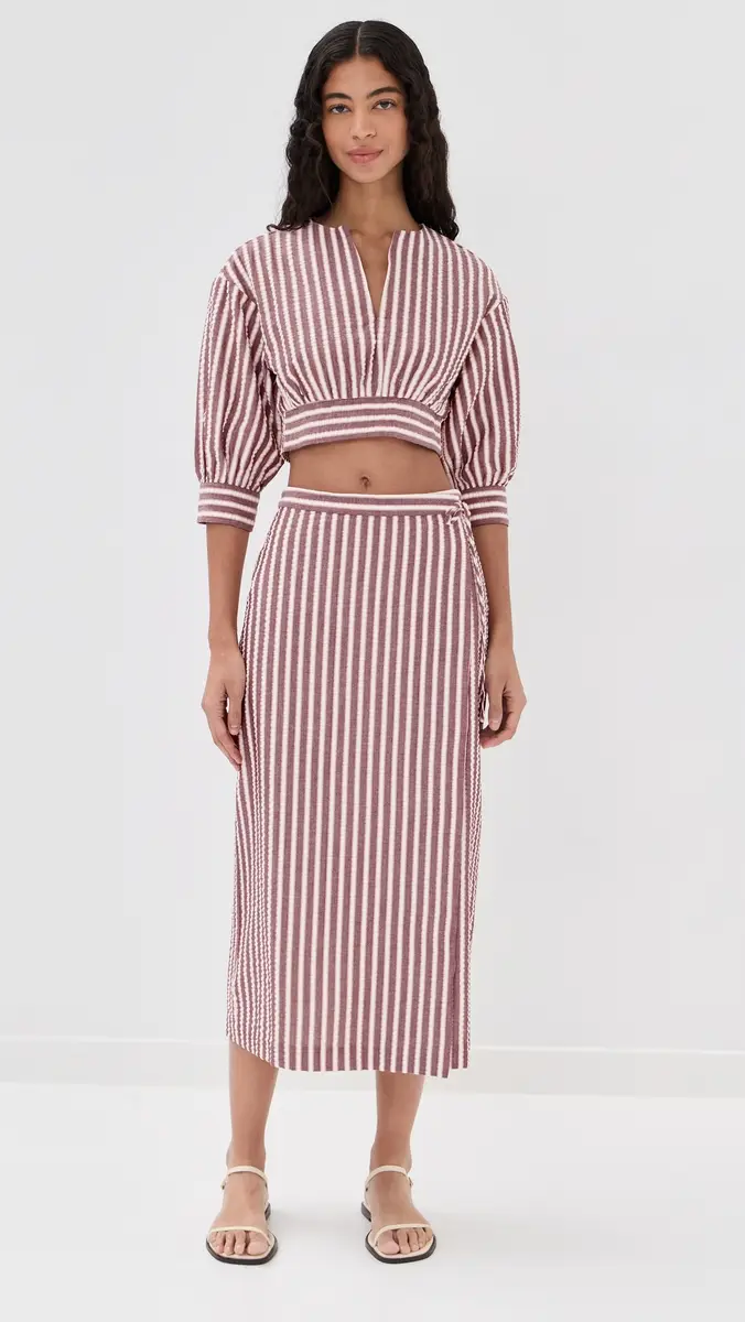 SIMKHAI Monty Wrap Midi Skirt Oxblood Stripe | Thumbnail 5