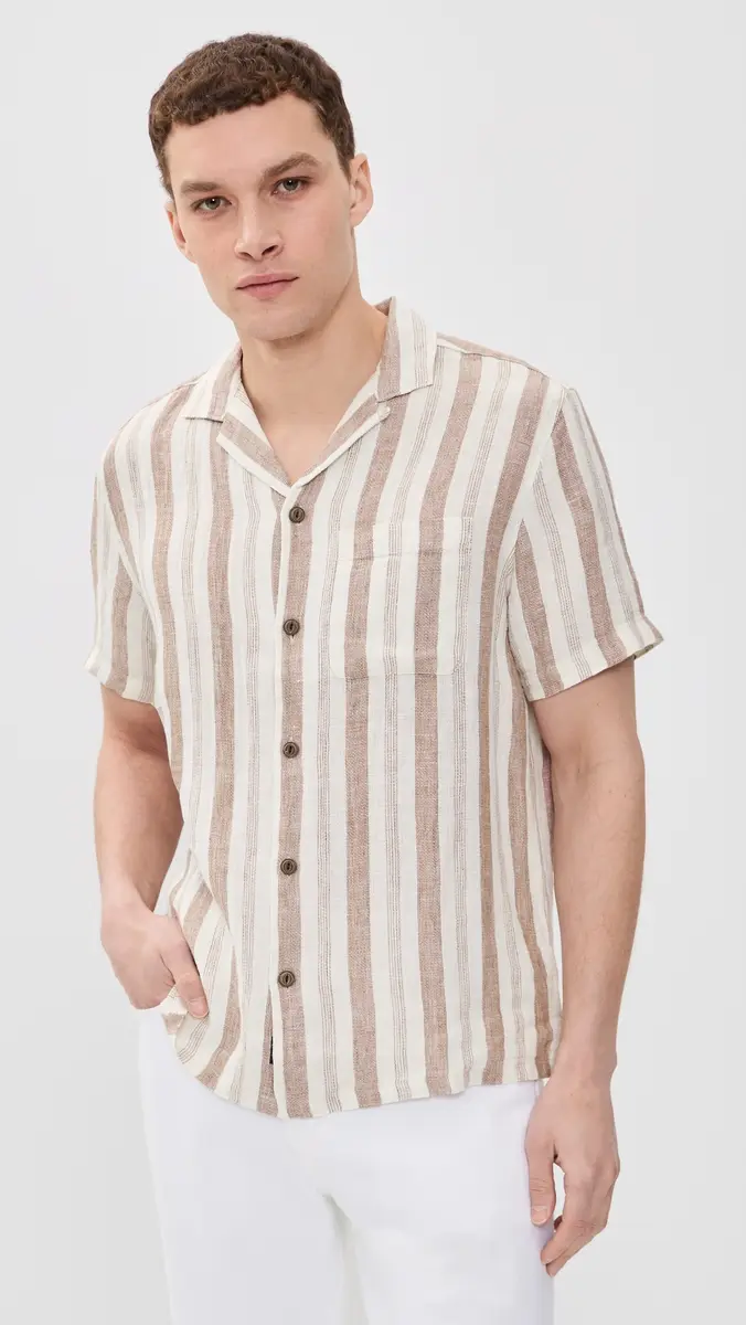 Faherty Short Sleeve Palma Linen Camp Shirt Island Brown Stripe | Thumbnail 2