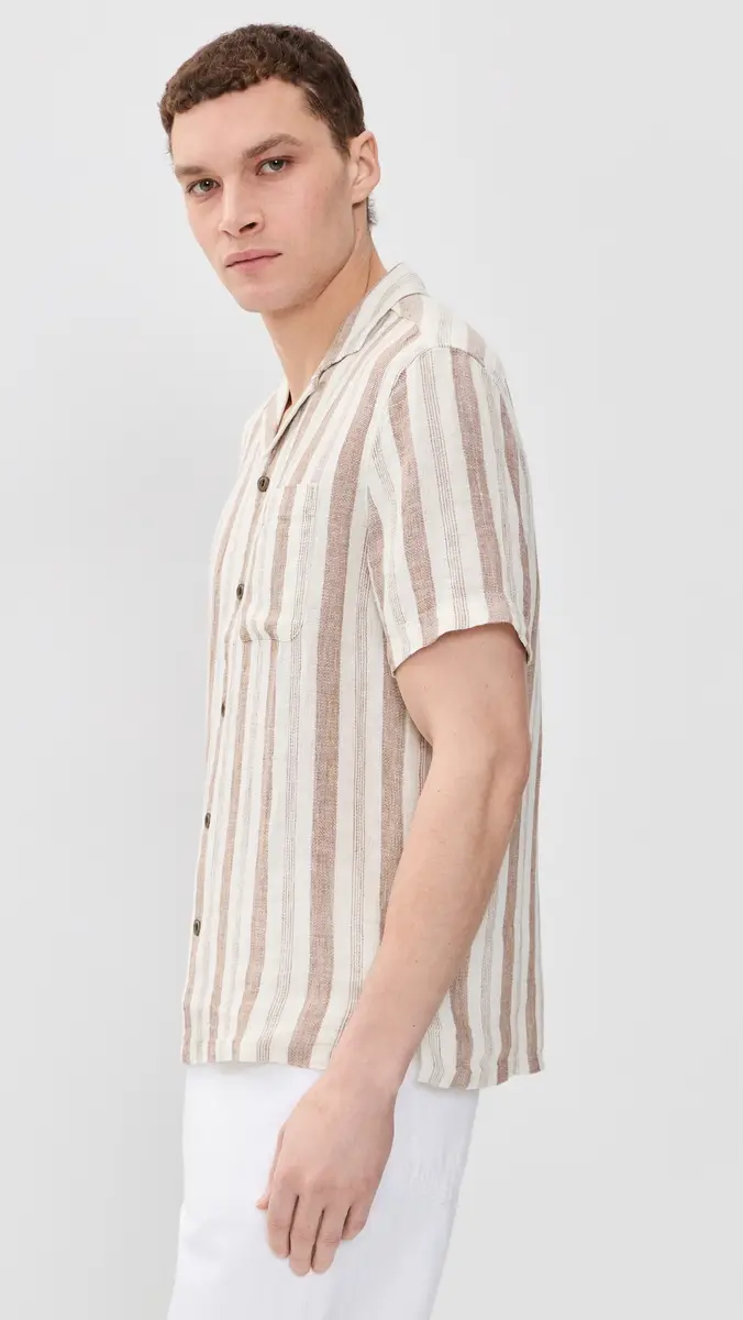 Faherty Short Sleeve Palma Linen Camp Shirt Island Brown Stripe | Thumbnail 4