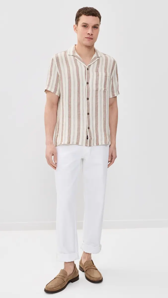 Faherty Short Sleeve Palma Linen Camp Shirt Island Brown Stripe | Thumbnail 5