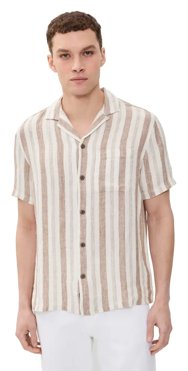 Faherty Short Sleeve Palma Linen Camp Shirt Island Brown Stripe | Image 1 Faherty Short Sleeve Palma Linen Camp Shirt Island Brown Stripe | Image 1