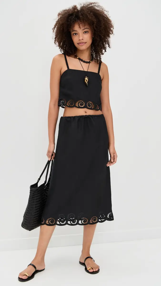 Onia Air Linen Scallop Midi Skirt Black | Thumbnail 5