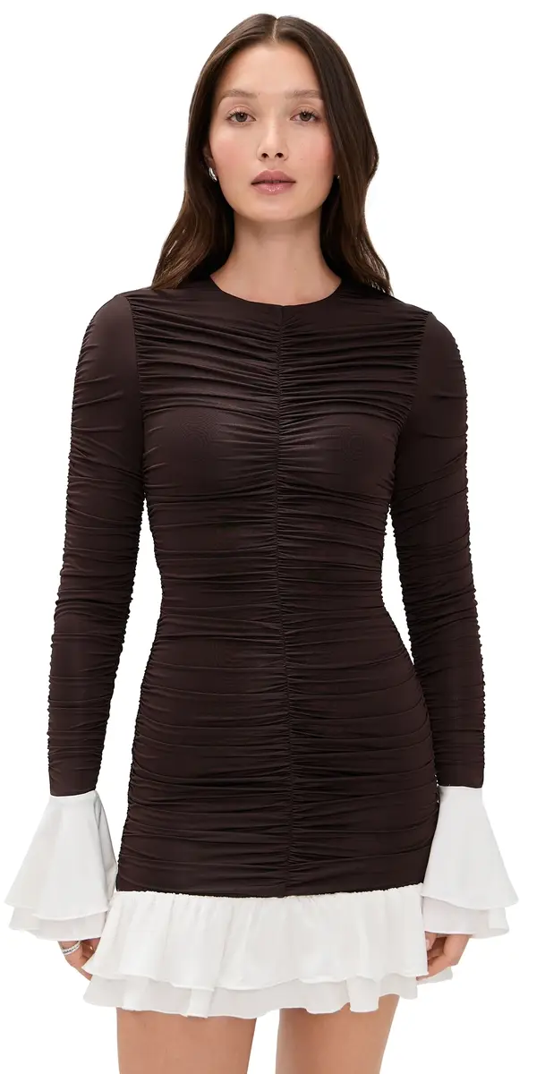 ROTATE Mini Ruched Long Sleeve Dress Chicory Coffee Comb | Image 1 ROTATE Mini Ruched Long Sleeve Dress Chicory Coffee Comb | Image 1