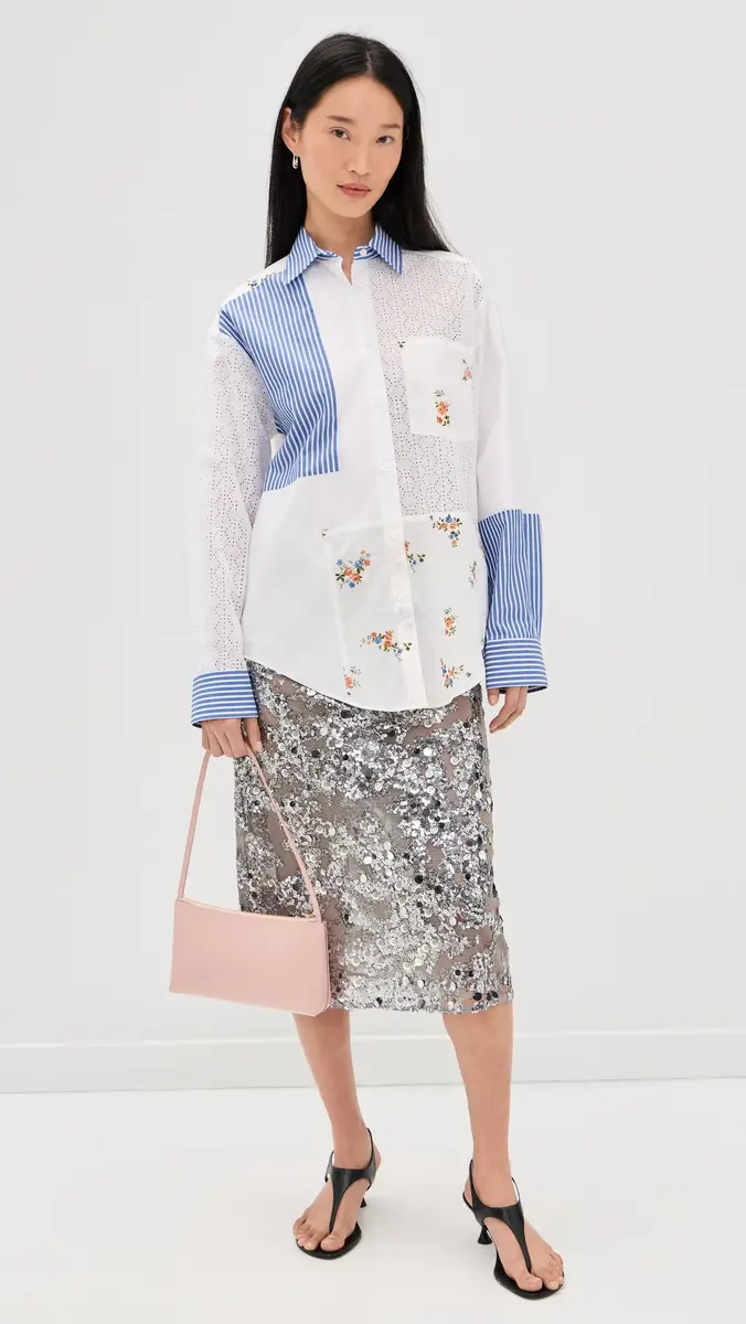MSGM Patchwork Button Down Shirt Off White Blue | Thumbnail 5 MSGM Patchwork Button Down Shirt Off White Blue | Thumbnail 5