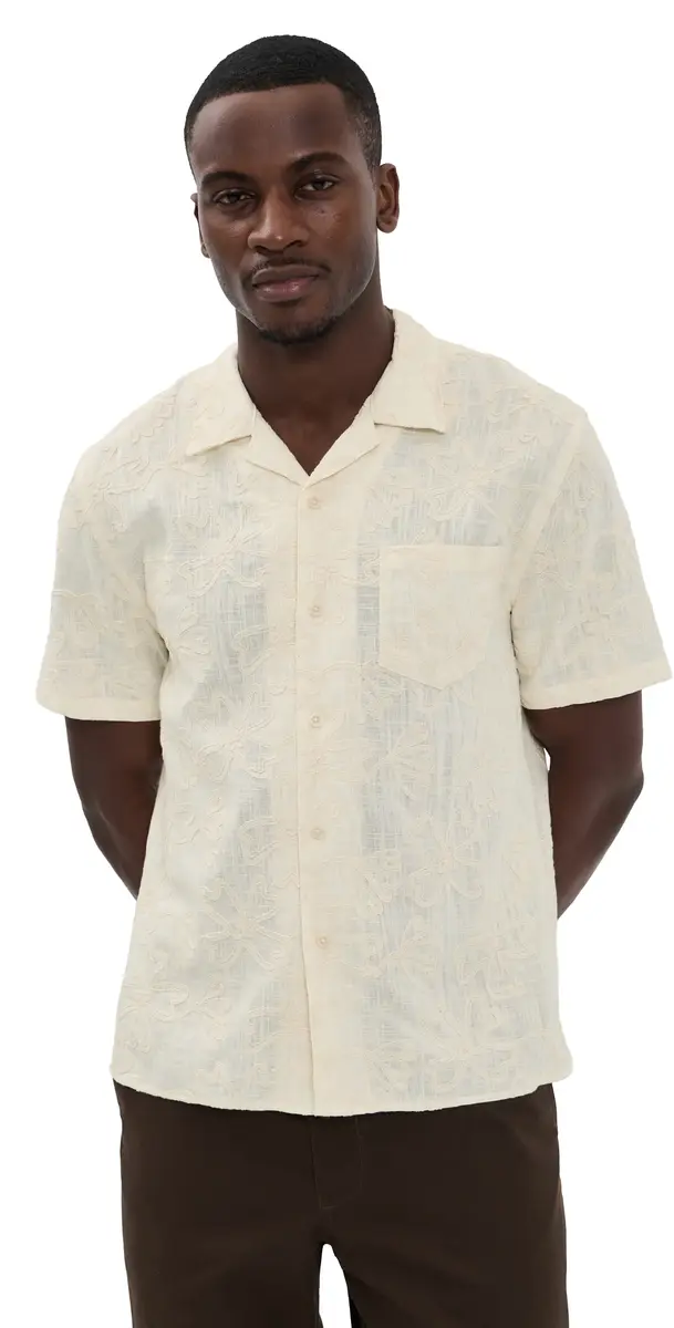 Vince Embroidered Floral Short Sleeve Cabana Shirt Blanco | Image 1 Vince Embroidered Floral Short Sleeve Cabana Shirt Blanco | Image 1