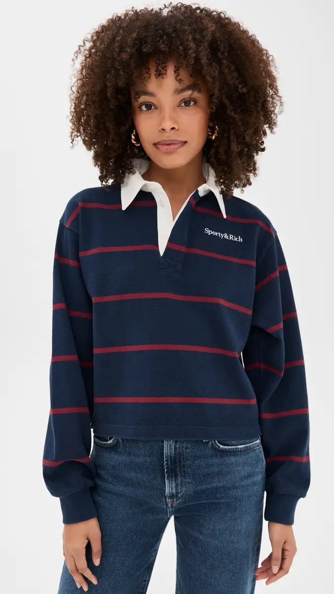 Sporty & Rich Serif Logo Rugby Polo Dark Navy/White/Merlot | Thumbnail 2 Sporty & Rich Serif Logo Rugby Polo Dark Navy/White/Merlot | Thumbnail 2