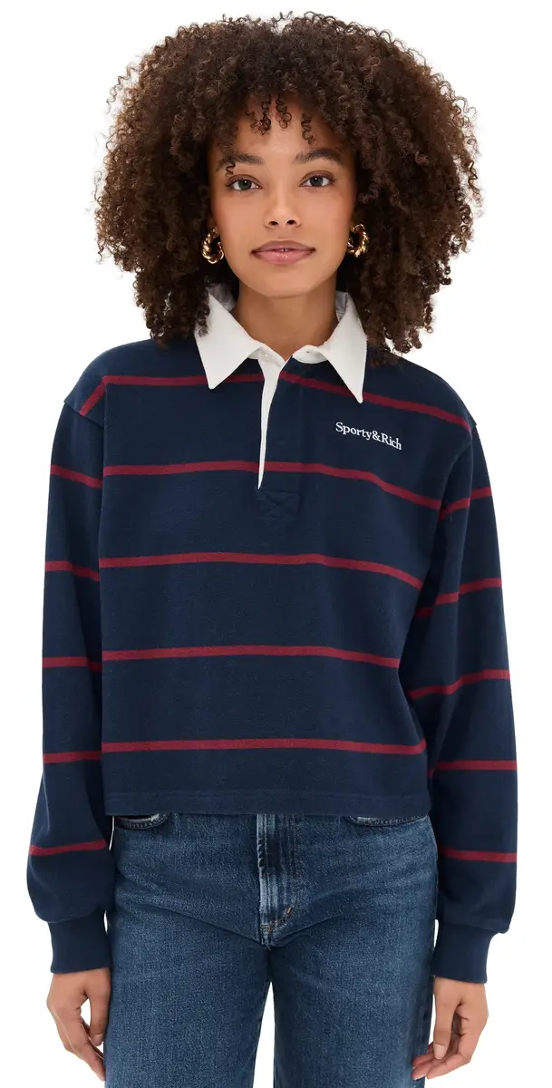 Sporty & Rich Serif Logo Rugby Polo Dark Navy/White/Merlot | Image 1 Sporty & Rich Serif Logo Rugby Polo Dark Navy/White/Merlot | Image 1