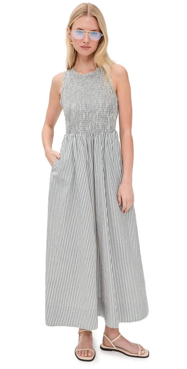 Marine Layer Darcy Smocked Poplin Dress Navy Stripe | Image 1 Marine Layer Darcy Smocked Poplin Dress Navy Stripe | Image 1