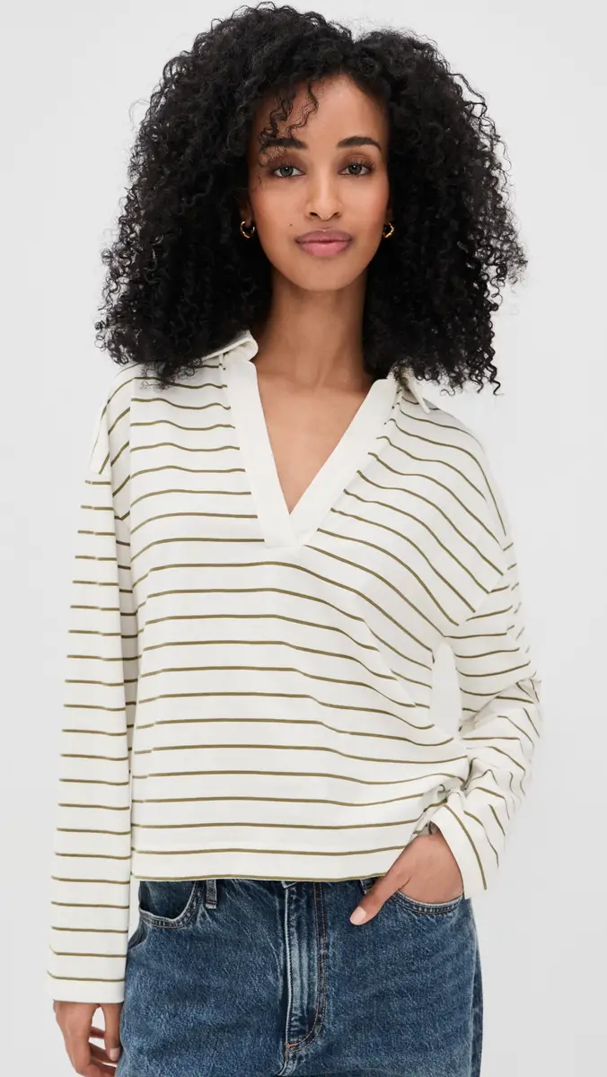 Vince Striped Easy Long Sleeve Polo Olive tone Combo | Thumbnail 2